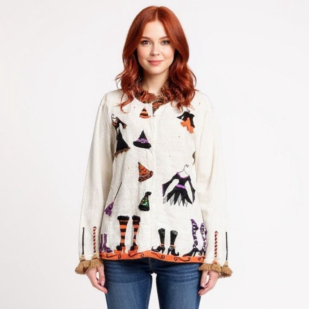 JTwo New York Vintage Witchy Halloween White Orange Cardigan - Medium